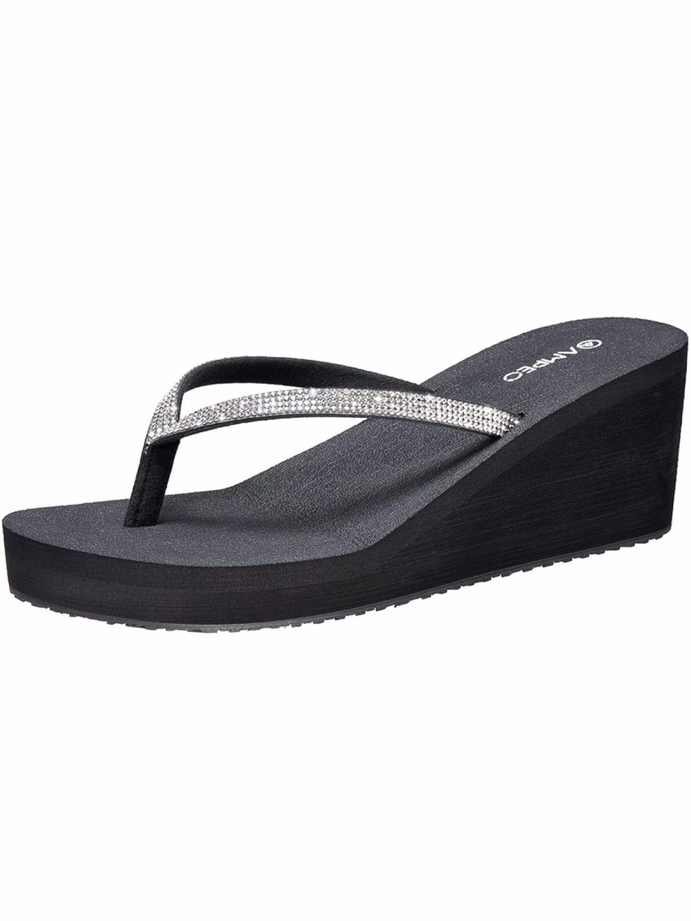 Women’s Black Wedge Flip Flop with Silver Rhinestone Strap